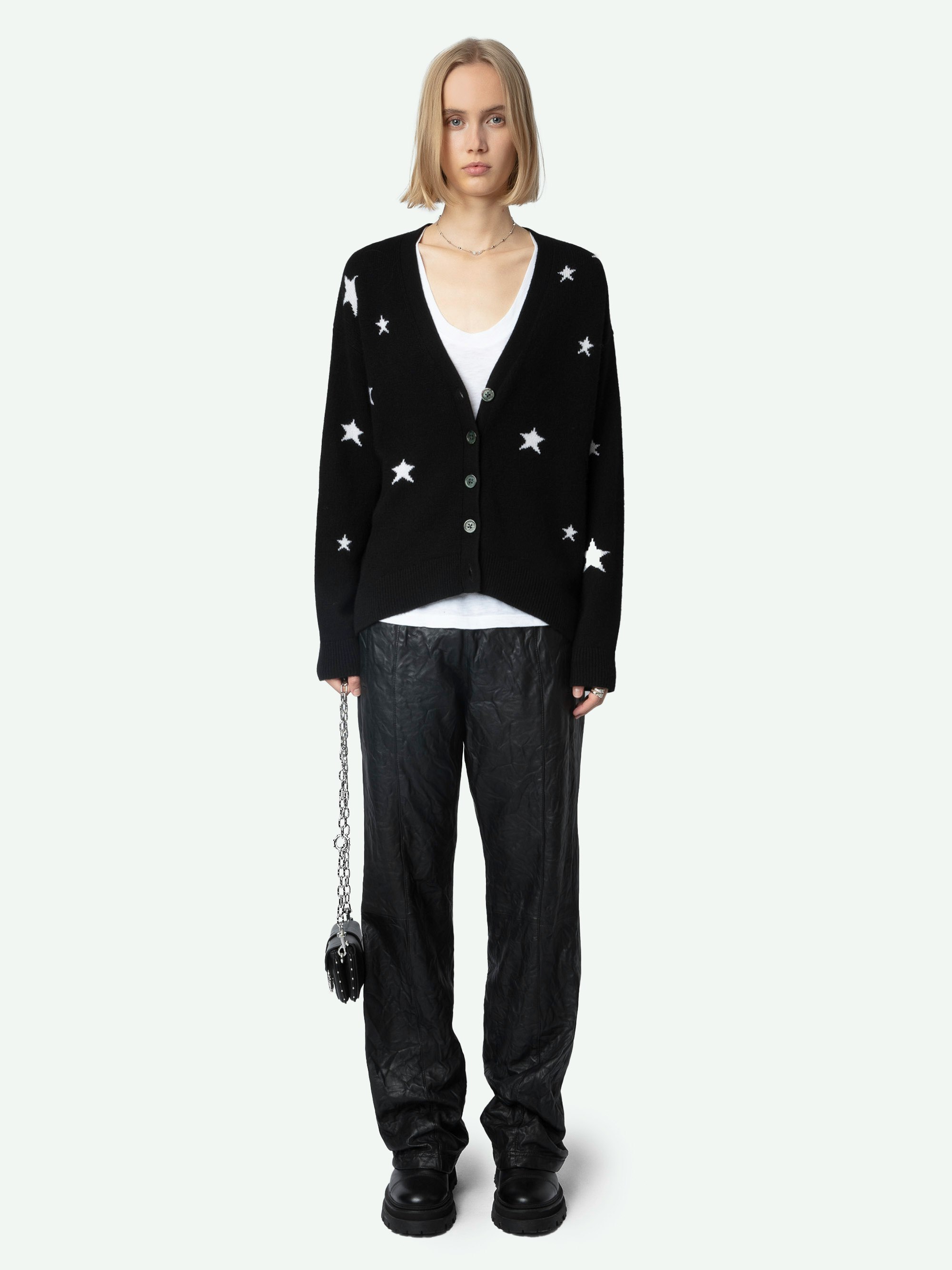 Cardigan Mirka Stars 100%  Cashmere - Cardigan in 100% cashmere nero con bottoni e stelle a contrasto.