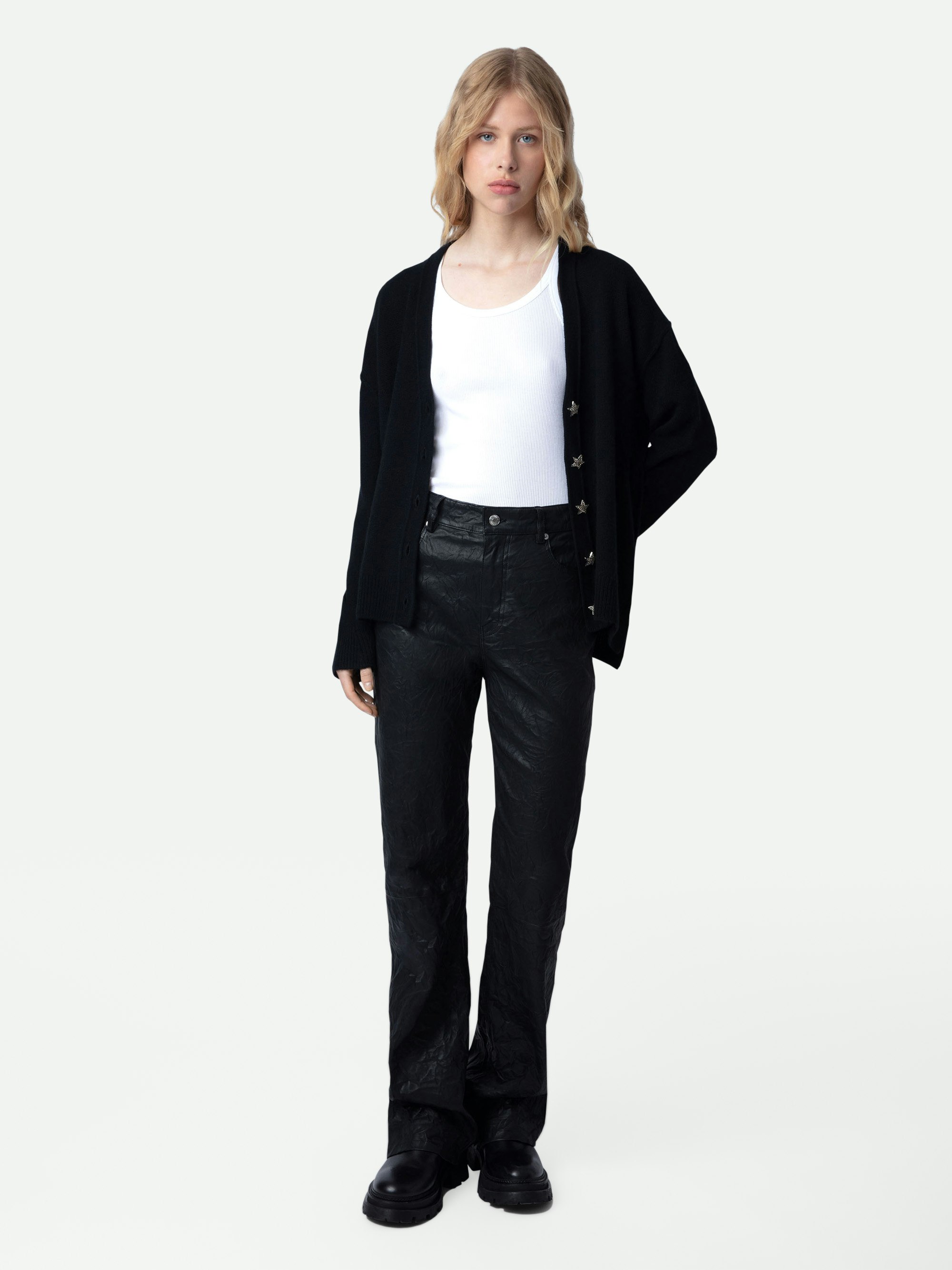 Mirka Jewelled  Cardigan 100% Cashmere - Women's black 100% cashmere cardigan with star-shaped jewelled buttons.