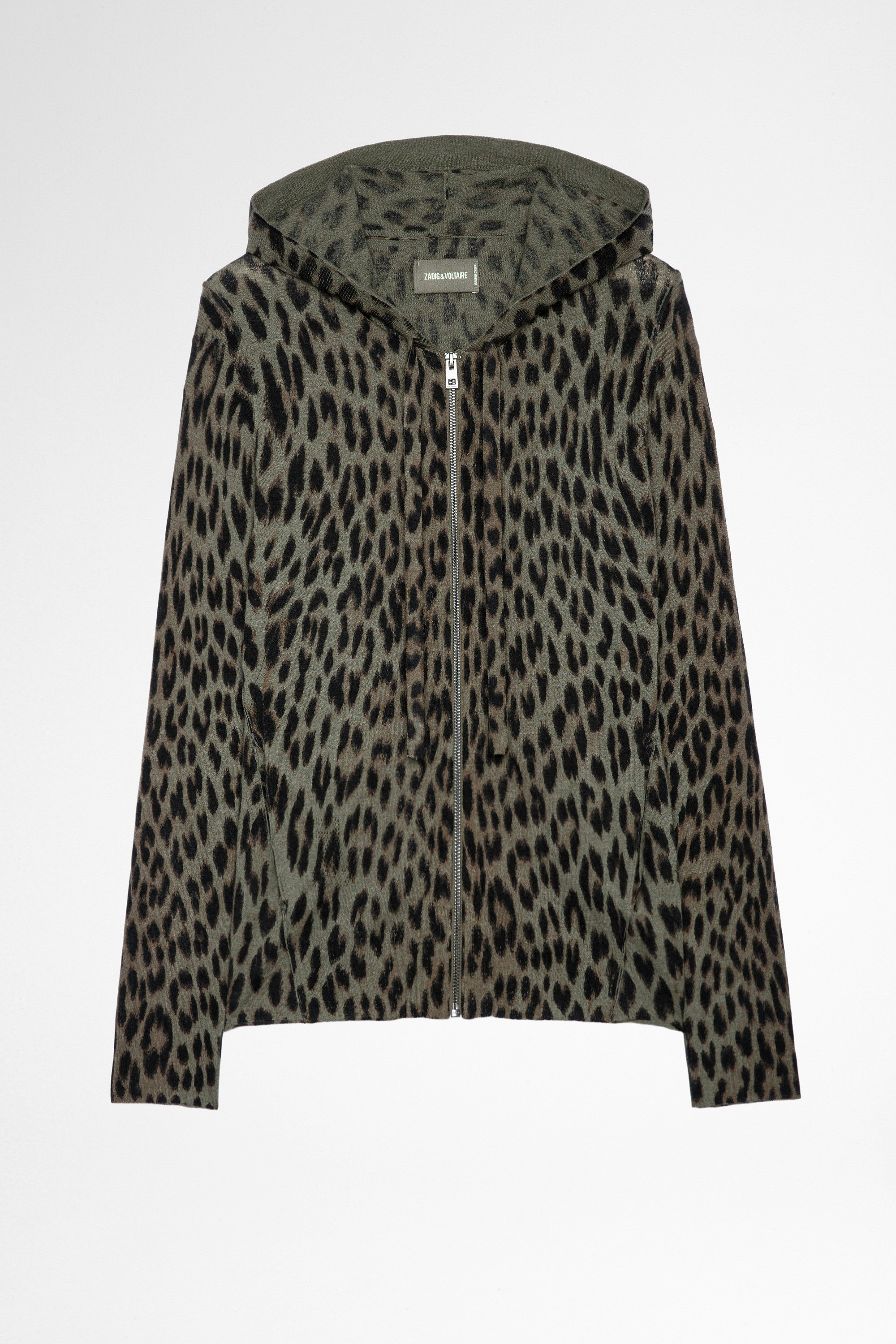Cassy Leo Cashmere Cardigan Women's zip-up cardigan in khaki cashmere with leopard print