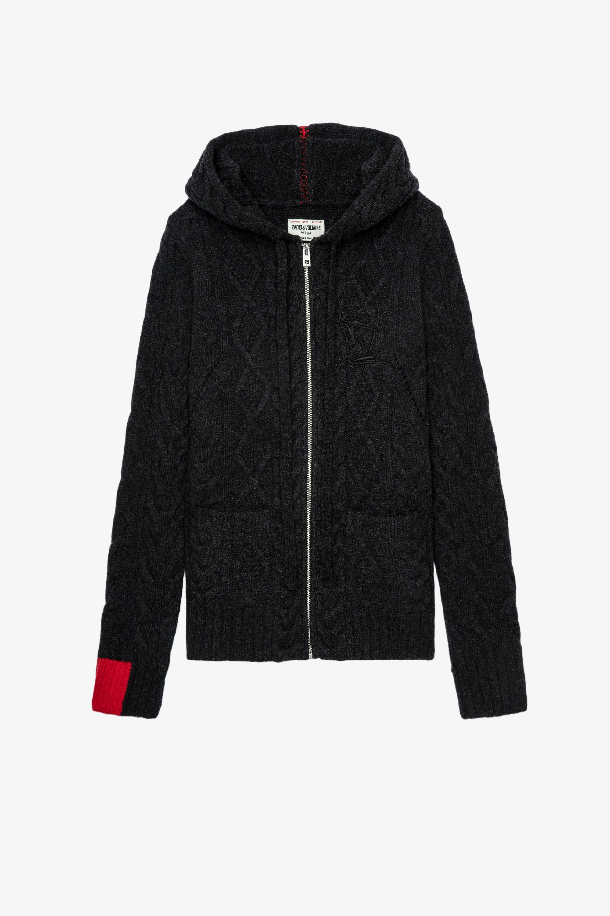 Cassyn カーディガン Women’s anthracite cardigan with hood and contrasting piping