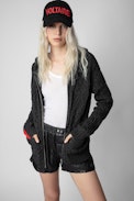 Gilet Cassyn - Gilet anthracite muni d'une capuche et orné de liserés contrastés femme