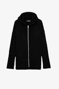 Salma Cardigan - Women’s black knit cardigan with zip fastening and hood with the slogan “Je m’en fous” on the back
