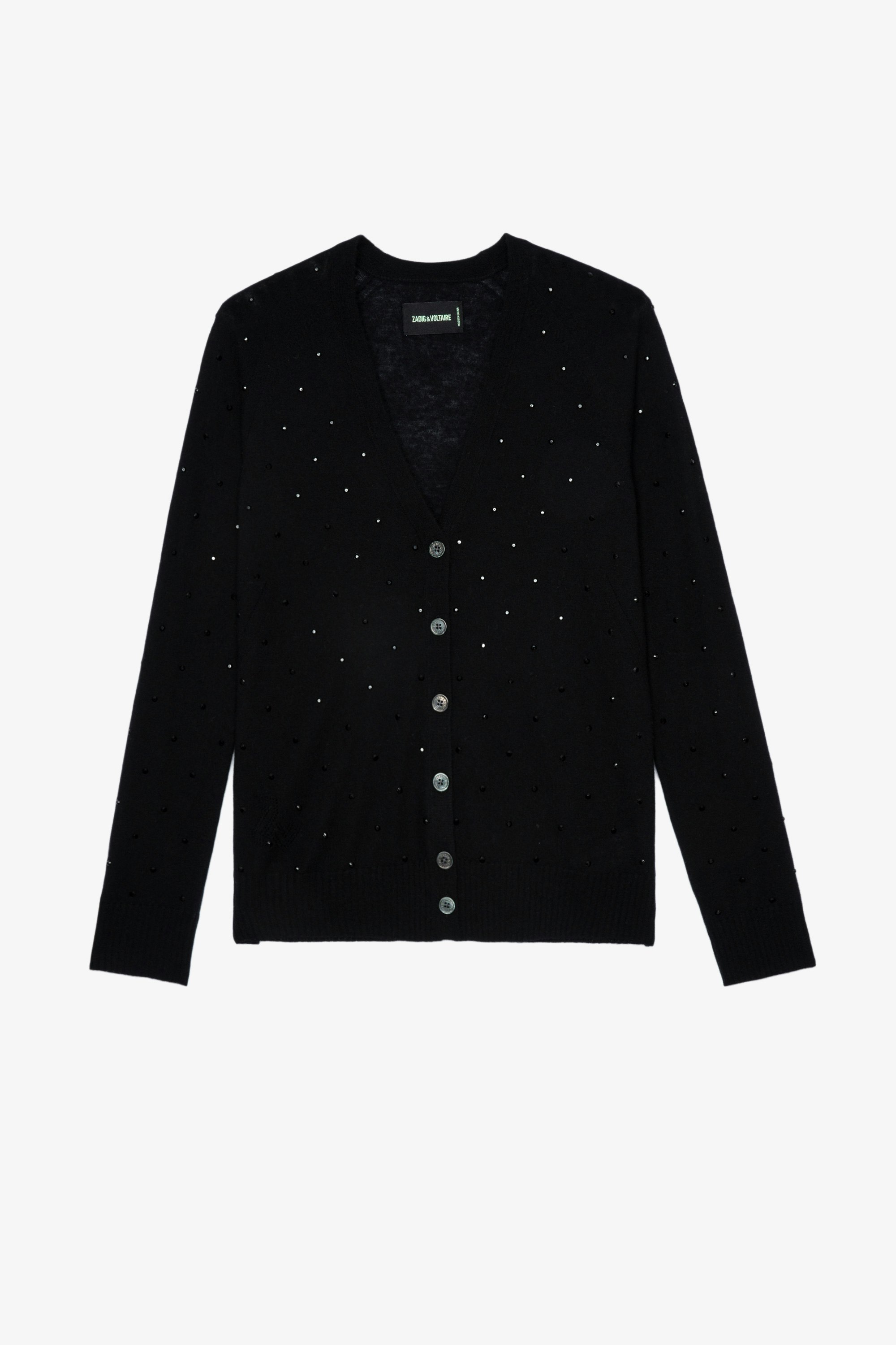Jim カシミヤ カーディガン Women's black cashmere button front cardigan with crystal embellishment