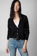 Chaqueta de cachemira Jim - Chaqueta negra abotonada de cachemira adornado con cristales para mujer