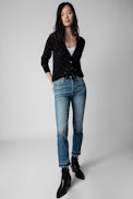 Chaqueta de cachemira Jim - Chaqueta negra abotonada de cachemira adornado con cristales para mujer