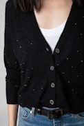 Chaqueta de cachemira Jim - Chaqueta negra abotonada de cachemira adornado con cristales para mujer