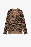 Strickjacke Mirka Tiger Kaschmir - Cognacfarbene Damen-Strickjacke aus Kaschmir mit Tigerprint