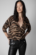 Strickjacke Mirka Tiger Kaschmir - Cognacfarbene Damen-Strickjacke aus Kaschmir mit Tigerprint
