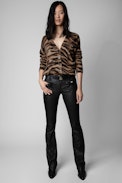 Strickjacke Mirka Tiger Kaschmir - Cognacfarbene Damen-Strickjacke aus Kaschmir mit Tigerprint