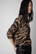 Strickjacke Mirka Tiger Kaschmir - Cognacfarbene Damen-Strickjacke aus Kaschmir mit Tigerprint