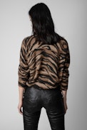 Strickjacke Mirka Tiger Kaschmir - Cognacfarbene Damen-Strickjacke aus Kaschmir mit Tigerprint