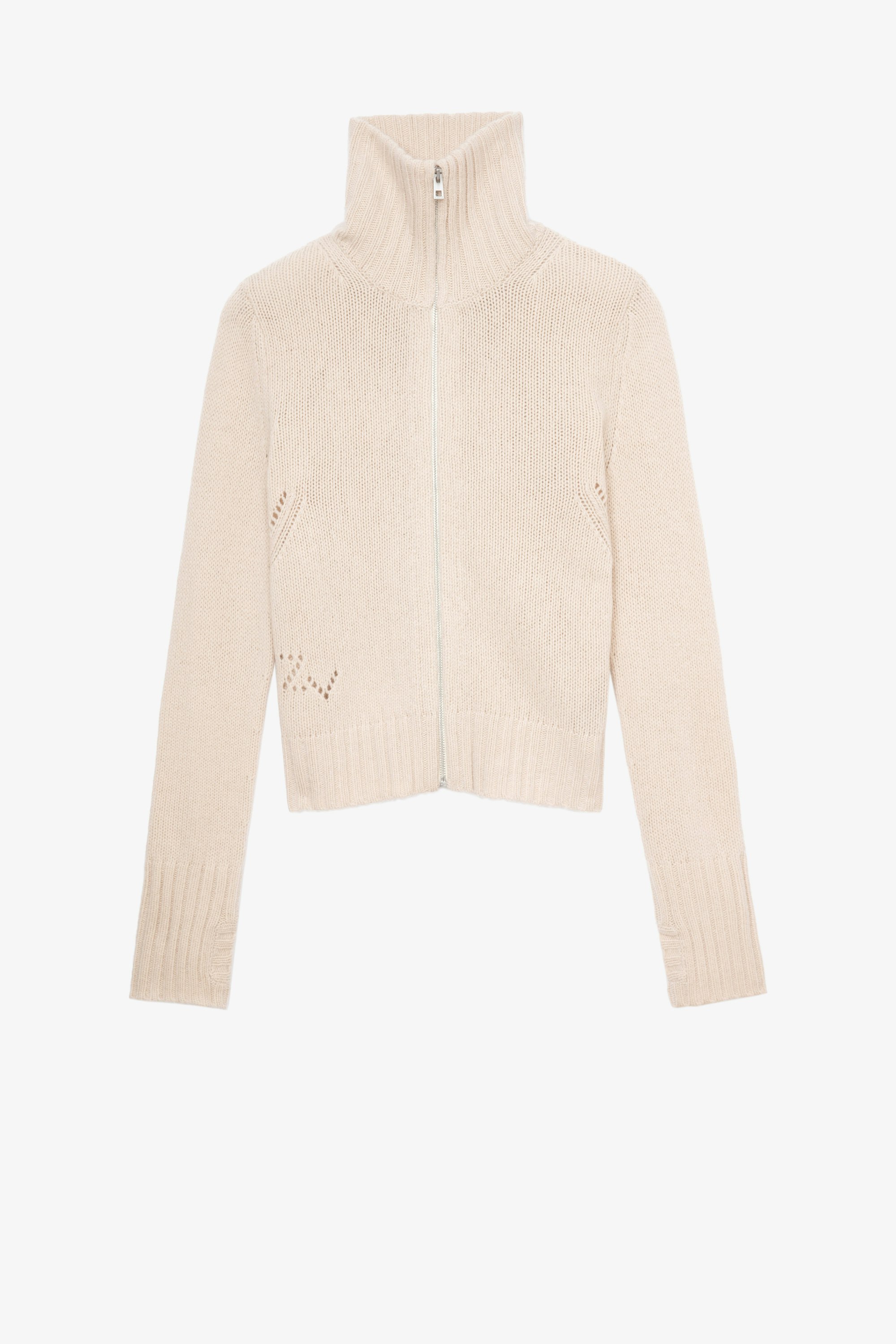 Gilda Cardigan Women’s beige knit zip-up cardigan with stand collar and flocking on the back