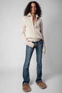 Gilda Cardigan - Women’s beige knit zip-up cardigan with stand collar and flocking on the back