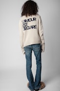 Gilda Cardigan - Women’s beige knit zip-up cardigan with stand collar and flocking on the back