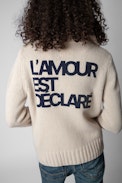 Gilda Cardigan - Women’s beige knit zip-up cardigan with stand collar and flocking on the back