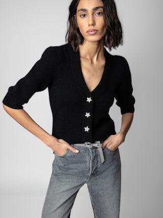 Betsy Cashmere Cardigan - Women’s black cashmere cardigan with full sleeves