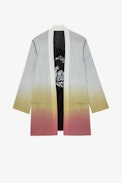 Austin Cardigan - Women's tie-dye off-white cotton cardigan with palm tree pattern and "Amour" slogan on the back