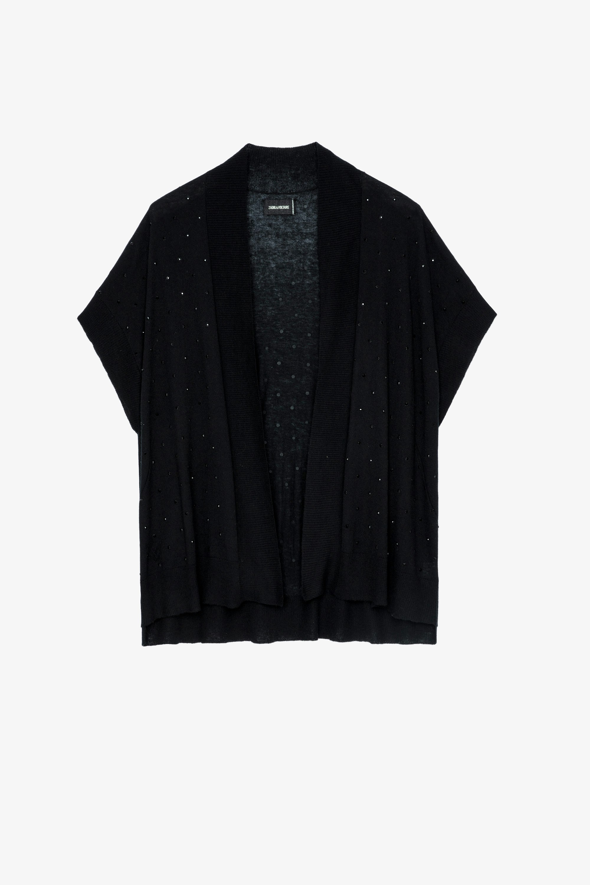 Indian カシミヤ カーディガン Women’s black feather cashmere sleeveless cardigan with crystal embellishment