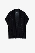 Indian Cashmere Cardigan - Women’s black feather cashmere sleeveless cardigan with rhinestone-embellishment