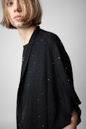 Indian Cashmere Cardigan - Women’s black feather cashmere sleeveless cardigan with rhinestone-embellishment