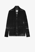 Isao Cardigan - Black pointelle cotton cardigan with tassel ties