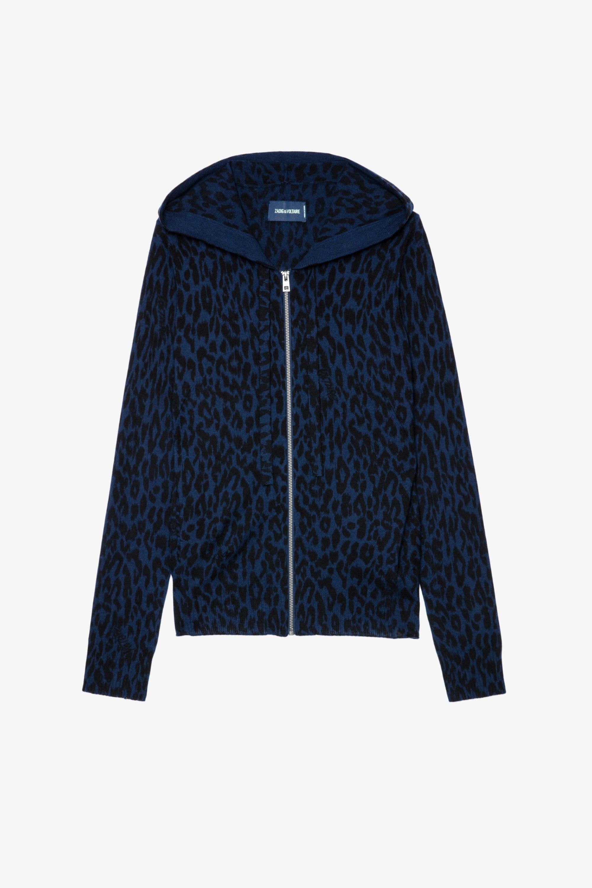 Cassy Cashmere Leo Cardigan Women’s hooded cardigan in navy blue feather cashmere with a leopard-print motif