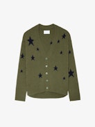 Chaleco Mirka - Chaleco caqui de cachemira con cierre con botones y motivos de estrellas.
