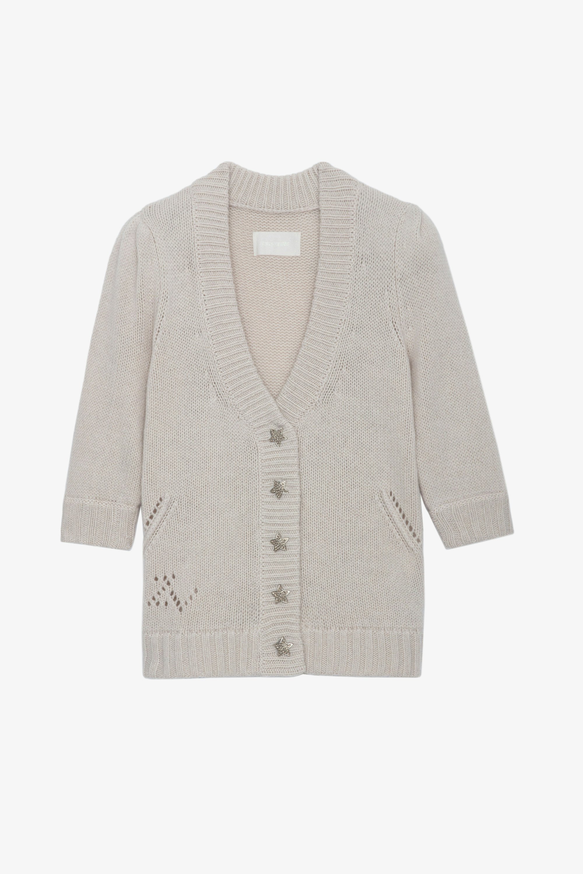 Betsy Cardigan - Ecru knit cardigan with 3/4-length sleeves, gathered shoulders and button fastening with star jewels.