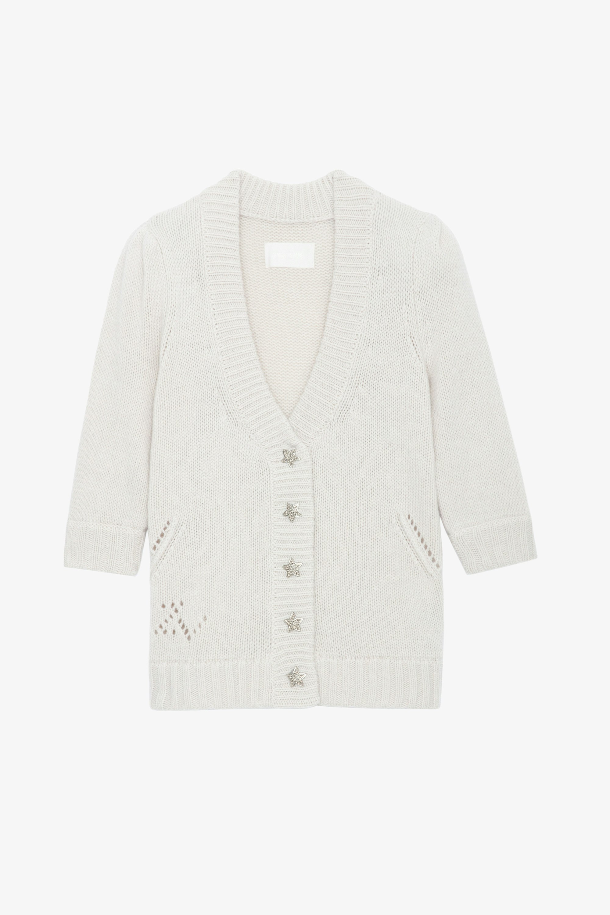 Betsy Cardigan - Ecru knit cardigan with 3/4-length sleeves, gathered shoulders and button fastening with star jewels.