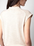 Vasky Jewel Cardigan 100% Merino Wool - Beige 100% merino wool sleeveless cardigan with diamanté jewel buttons.