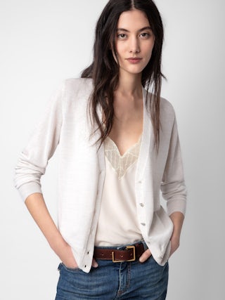 Cardigan Jemmy 100% Laine Merinos - Cardigan en 100% laine mérinos gris clair à manches longues et boutons bijoux à strass.