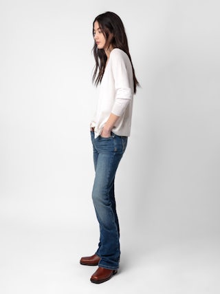 Cardigan Jemmy 100% Laine Merinos - Cardigan en 100% laine mérinos gris clair à manches longues et boutons bijoux à strass.