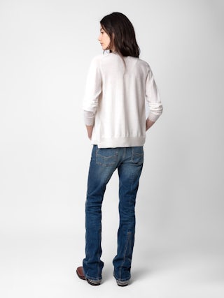 Cardigan Jemmy 100% Laine Merinos - Cardigan en 100% laine mérinos gris clair à manches longues et boutons bijoux à strass.