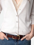 Jemmy Jewel Cardigan - Light grey merino wool cardigan with long sleeves and diamanté jewel buttons.