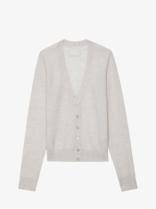 Cardigan Jemmy 100% Laine Merinos - Cardigan en 100% laine mérinos gris clair à manches longues et boutons bijoux à strass.