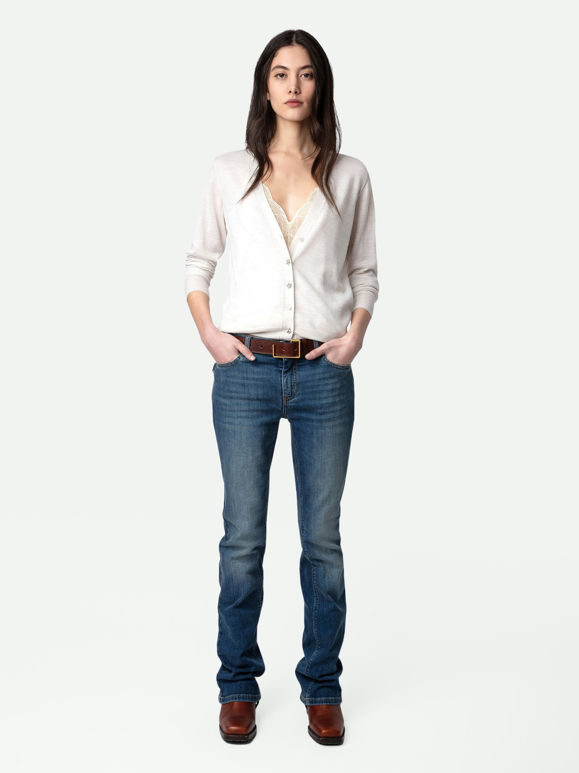Cardigan Jemmy Bijoux 100% Lana Merino - Cardigan in 100% lana merino grigio chiaro a maniche lunghe e bottoni gioiello con strass.
