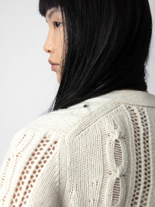 Cardigan Barley 100% Laine Merinos - Cardigan court et ajouré en 100% laine mérinos écrue à manches longues, torsades et strass.