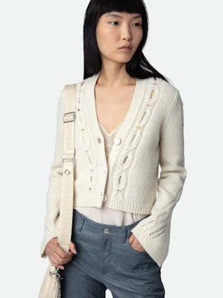 Cardigan Barley 100% Laine Merinos - Cardigan court et ajouré en 100% laine mérinos écrue à manches longues, torsades et strass.