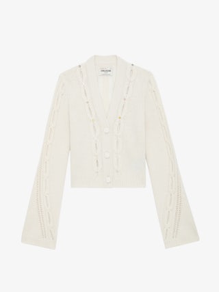 Cardigan Barley 100% Laine Merinos - Cardigan court et ajouré en 100% laine mérinos écrue à manches longues, torsades et strass.