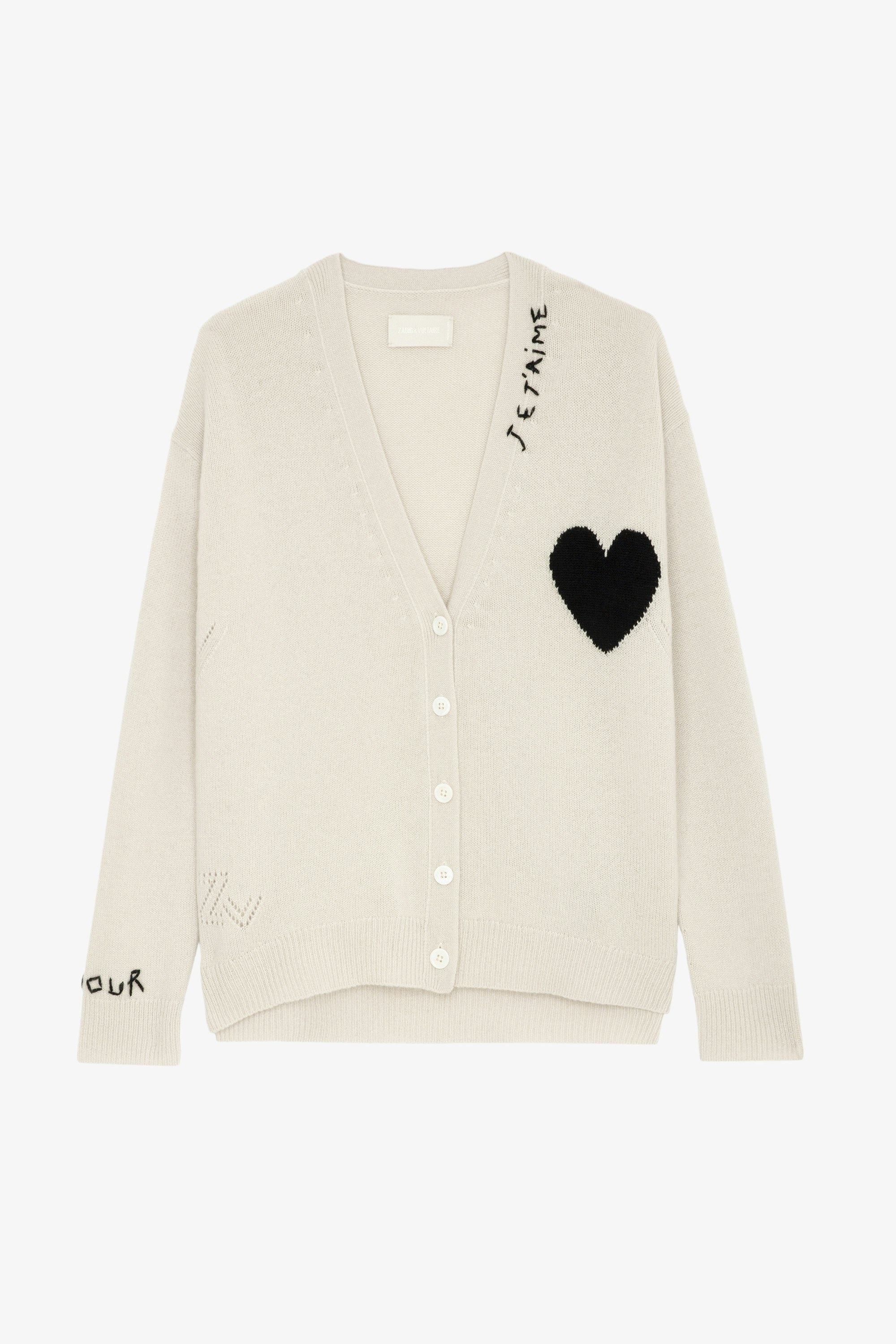 Mirka Cashmere Cardigan - Ecru cashmere buttoned cardigan with long sleeves, motifs and slogans.