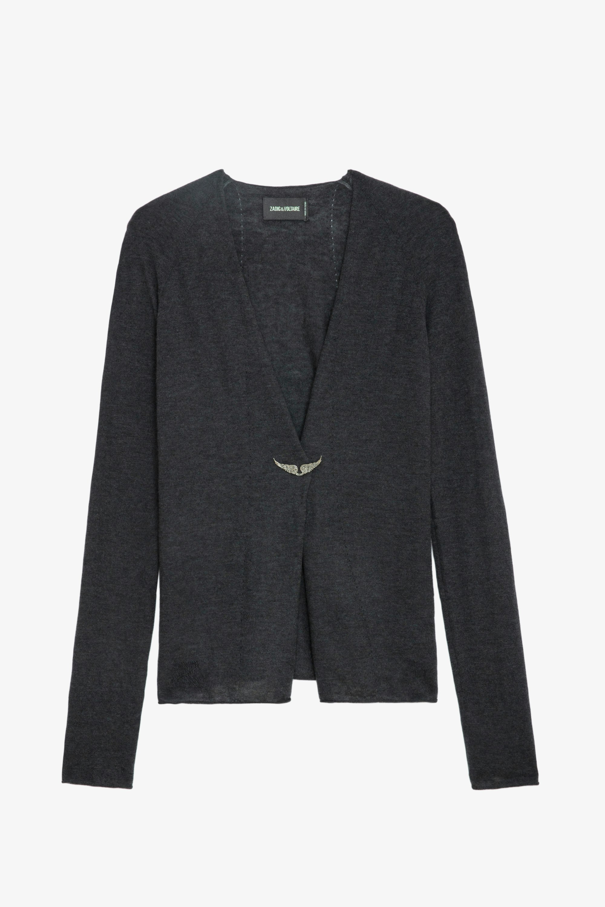 Daffy Wings Cashmere Cardigan - Khaki feather cashmere open cardigan with long sleeves and diamanté wings charm.