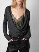 Cardigan Daffy Wings 100% Cachemire - Cardigan aperto in 100% cachemire piuma kaki a maniche lunghe e spilla decorata da charm a forma di ali con strass.