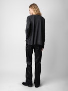Cardigan Daffy Wings 100% Cachemire - Cardigan aperto in 100% cachemire piuma kaki a maniche lunghe e spilla decorata da charm a forma di ali con strass.