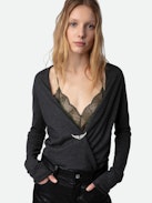 Cardigan Daffy Wings 100% Cachemire - Cardigan aperto in 100% cachemire piuma kaki a maniche lunghe e spilla decorata da charm a forma di ali con strass.