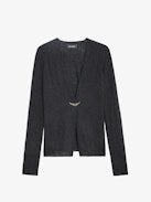 Cardigan Daffy Wings 100% Cachemire - Cardigan aperto in 100% cachemire piuma kaki a maniche lunghe e spilla decorata da charm a forma di ali con strass.