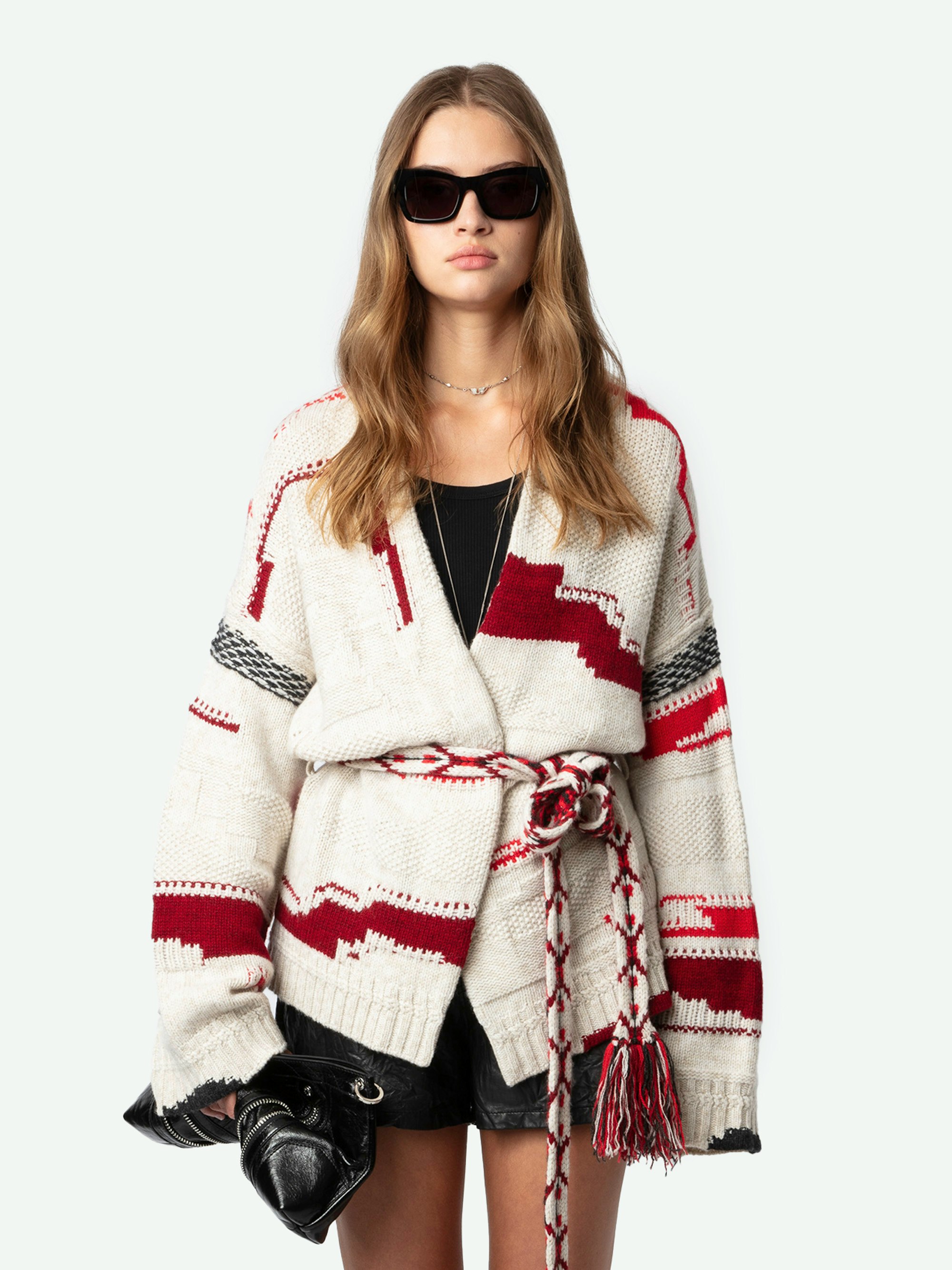 Aspen Cardigan - Ecru merino wool and cashmere cardigan with geometric motifs, embroidery and removable belt.