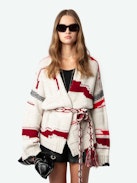 Aspen Cardigan - Ecru merino wool and cashmere cardigan with geometric motifs, embroidery and removable belt.