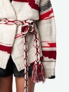 Aspen Cardigan - Ecru merino wool and cashmere cardigan with geometric motifs, embroidery and removable belt.