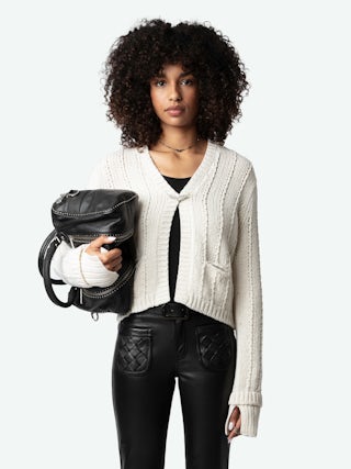 Travy Cardigan 100% Merino Wool - Wool cardigan with rhinestone wing brooch closure.