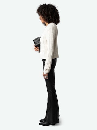 Travy Cardigan 100% Merino Wool - Wool cardigan with rhinestone wing brooch closure.